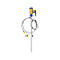 Yellow and blue barrel pump on stand, hose, cable, plug, against a white background.