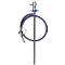 Metal pump with purple hose. The hose has white text. At the top is a blue ring. At the end there is a spray gun.