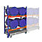 A blue drum trolley with several barrels. The barrels are stored on different levels. The trolley is blue, orange and silver.