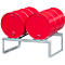 Red barrels on metal frame. Four red barrels are on the frame.