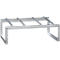 Silver metal shelf with a rectangular base, horizontal bars and vertical supports.