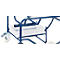 Close-up of a blue metal frame with a white plastic tub and wheels. Detailed view for improved perception.