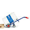 Metal barrel on a blue hand truck. The barrel is white with a blue band and lettering.