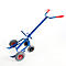 Blue transport trolley, three wheels, red handles and wheel centers, on white background.