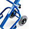 Close-up of a blue hand truck with gray tires and black rim.