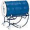 Blue barrel cart with a barrel on top. The cart has wheels and the barrel has a sticker.