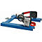Blue metal frame with gears, crank, and black bracket.