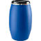 Blue plastic barrel with black lid and tension ring.