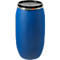 Blue plastic barrel with black lid, metal ring. Vertical format.
