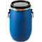 Blue plastic barrel with black lid and metal closures.