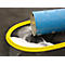 A blue barrel lies in a yellow containment tray, with white powder spilling out.