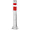 Grey, rectangular bollard with red and white stripe. Screwed to metal plate at top and bottom.