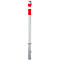 Gray bollard with a red stripe. Metallic top and bottom, white in between.