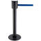 A black stanchion with blue belt. The stanchion has a round base, cylindrical post and a cylindrical head with the belt.