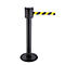 Black barrier post with yellow and black barrier tape, on a white background.