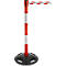 A red and white striped post with an extendable red and white striped band. Black base.
