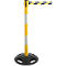 Yellow and black barrier with extendable tape. The base is black, the pole yellow and white striped. The tape is yellow and black.