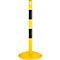 Yellow and black bollard with round base, standing vertically.