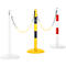 Three barrier posts with chains, in white, yellow-black and red-white. The posts stand on round feet.