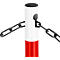 White and red bollard with black chain. A black lid is attached to the bollard, a hole is used to attach the chain.
