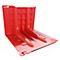 Barrière de protection contre les inondations rouge et angulaire. La barrière a une base rectangulaire et trois dents arrondies se rétrécissant vers le haut.