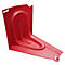 Pièce d'angle en plastique rouge. Formée avec des coins arrondis et un intérieur rectangulaire. Une fente allongée est découpée dans le coin.