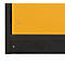 Close-up of a cabinet door. Yellow above, black below. Angular shape.