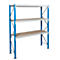 Three-tier storage rack with blue frames and brown shelves.