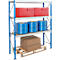 A storage rack with red toolboxes, blue rolls, and a cardboard box on a pallet.