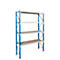 Four-shelf rack, blue metal frame, light wooden panels, isolated on a white background.