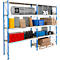 Multi-tiered storage rack with blue painted struts. It's filled with various materials and tools.