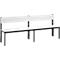 Long white bench with backrest, black frame, freestanding, minimalist design.
