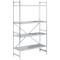 Stainless steel shelving unit with four shelves against a white background.