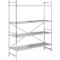 Stainless steel shelving unit with four tiers, in a neutral studio against a white background.