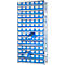 A storage rack with many blue containers, two are pulled out.