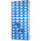 A metal rack with many blue boxes for storing small parts.