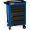 Blue and black tool cart with five drawers. The cart stands on wheels, has a shelf, and a handle.