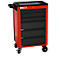 Red tool cart with black drawers and wheels.