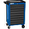 Blue tool cart with black drawers and casters. Top storage area with compartments. Logo on the front.