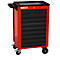 Red tool cart with black drawers and storage area, on casters.