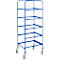 Blue trolley with 5 shelves, metal frame and castors.