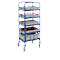 Blue, rolling transport cart with five gray plastic boxes filled with various materials and parts.