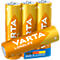 Three yellow batteries with VARTA print. One battery lies in the foreground. Inscription: Made in Germany.