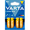 Packaging with four yellow AA batteries of the Varta brand. Inscription: Longlife, Alkaline, Made in Germany.