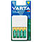 Varta battery charger with four AA batteries, in packaging. The charger is white and the batteries are yellow-green.