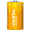 Yellow VARTA Longlife battery with plus signs and lettering. Inscription: Alkaline LR20 1.5V Made in Germany.