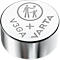 Button cell with silver casing and white top, inscription V3GA, VARTA and a symbol showing parents and child.