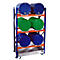 A storage rack with blue and green barrels.