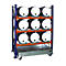 Warehouse rack holding eight drums, metal frame, wheels, and drip tray.