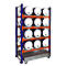 A storage rack with blue barrels and white lids. The rack is orange and blue. There is a drip tray under the rack.